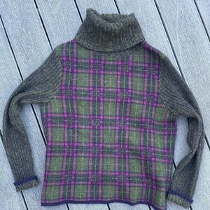 Belvedere Womens ITALIAN WOOL Mohair Turtleneck Sweater Green Pink Plaid sz M